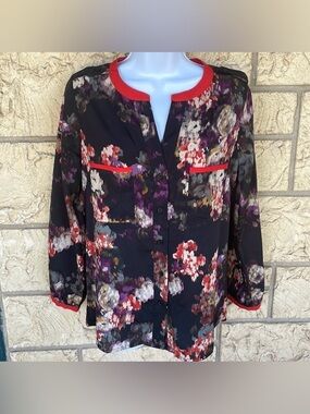 Casual career Floral Top Button Up Blouse Pockets Loose Fit Size XS